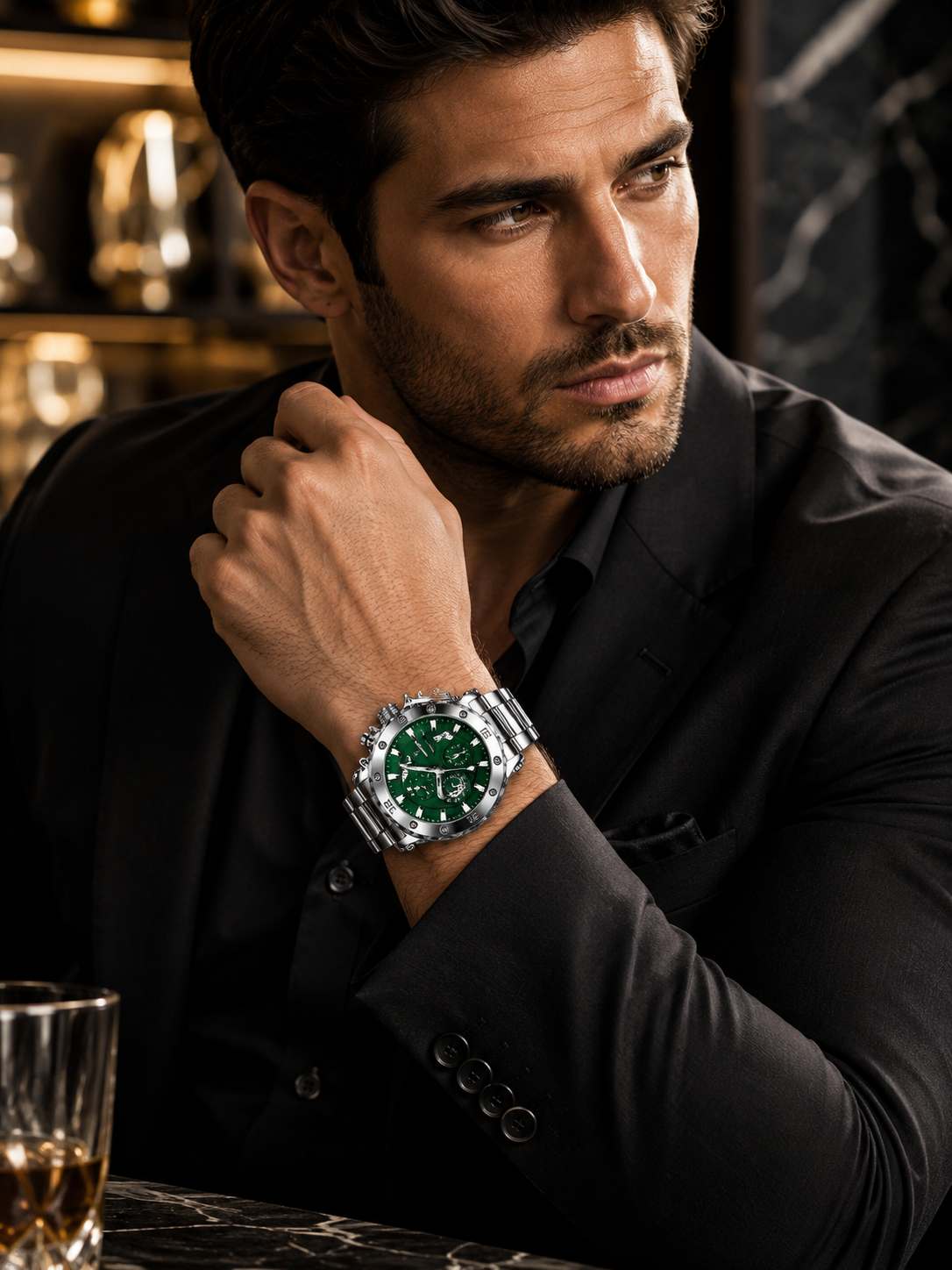 Men’s Silver-Tone Watch with Green Dial