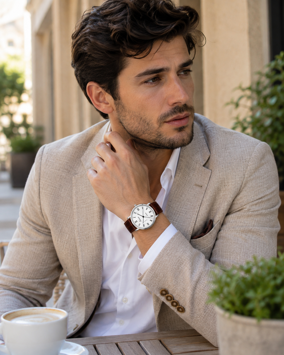 Men’s Classic White Dial Brown PU Leather Strap Watch