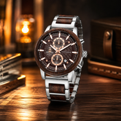 Men’s Silver-Tone Wood-Inspired Chronograph-Style Watch