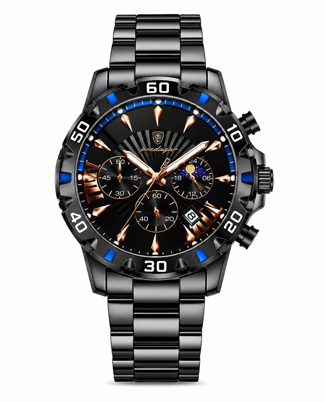 Men’s Chronograph Black & Rose Gold-Tone Quartz Watch – Blue Accent Bezel