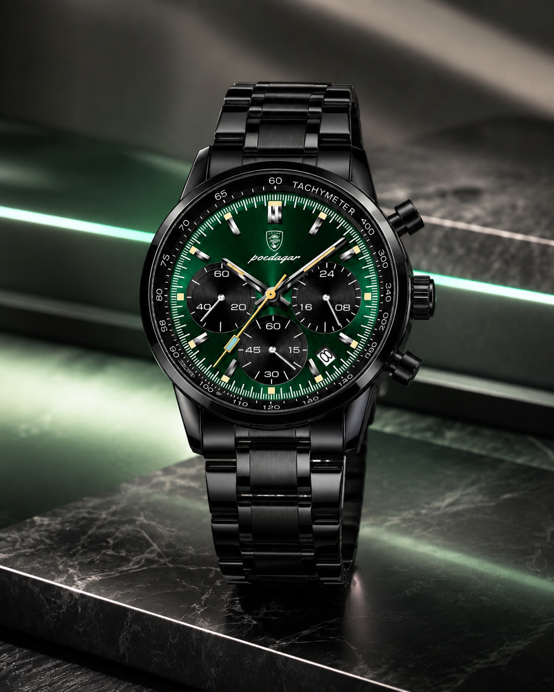 Men’s Classic Black & Emerald Green Chronograph Watch