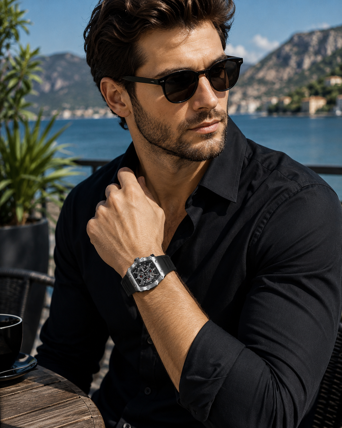 Men’s Silver & Black Skeleton Sport Watch