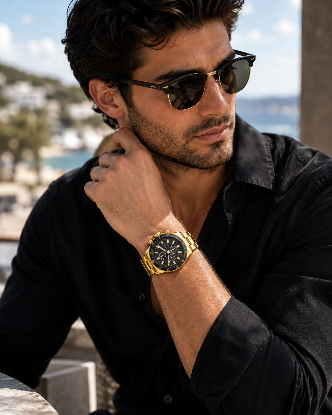 Men’s Gold-Tone & Black Sport Chronograph-Style Watch
