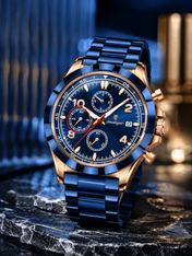 Men’s Blue & Rose Gold Chronograph-Style Watch