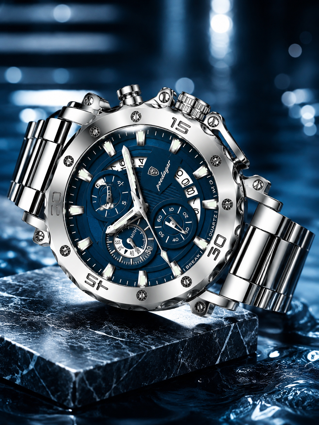 Men’s Silver-Tone Watch with Blue Dial
