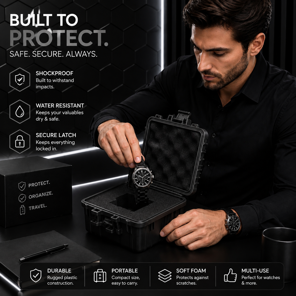 1-Slot Black Rugged Watch Storage Case