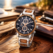 Men’s Silver-Tone Wood-Inspired Chronograph-Style Watch