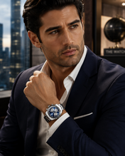 Men’s Silver-Tone Steel Alloy Quartz Watch with Blue Dial