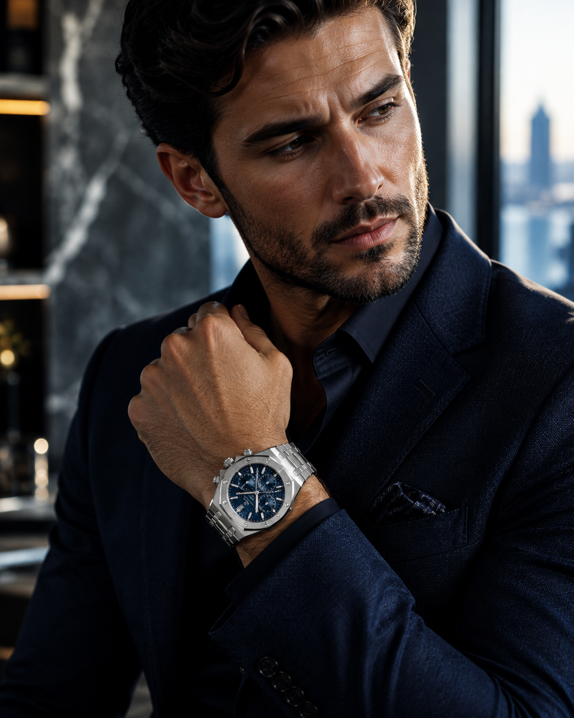 Men’s Classic Silver-Tone & Ocean Blue Chronograph Watch