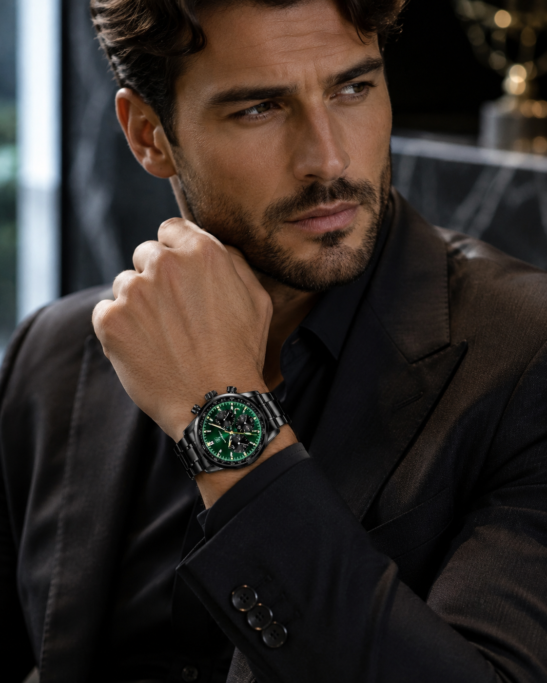Men’s Classic Black & Emerald Green Chronograph Watch
