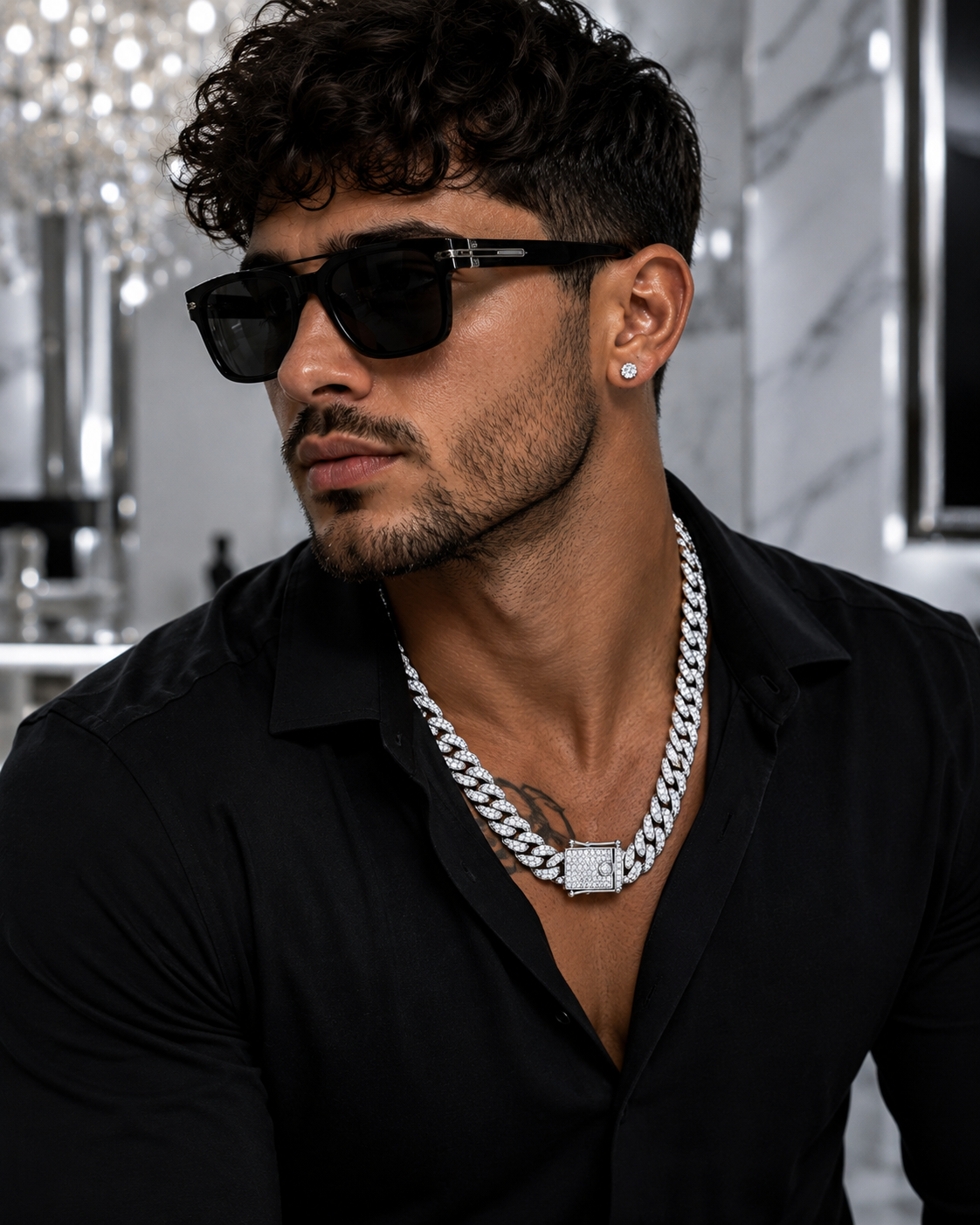 Men’s 12mm Silver-Tone Iced Cuban Link Chain – 23” Length