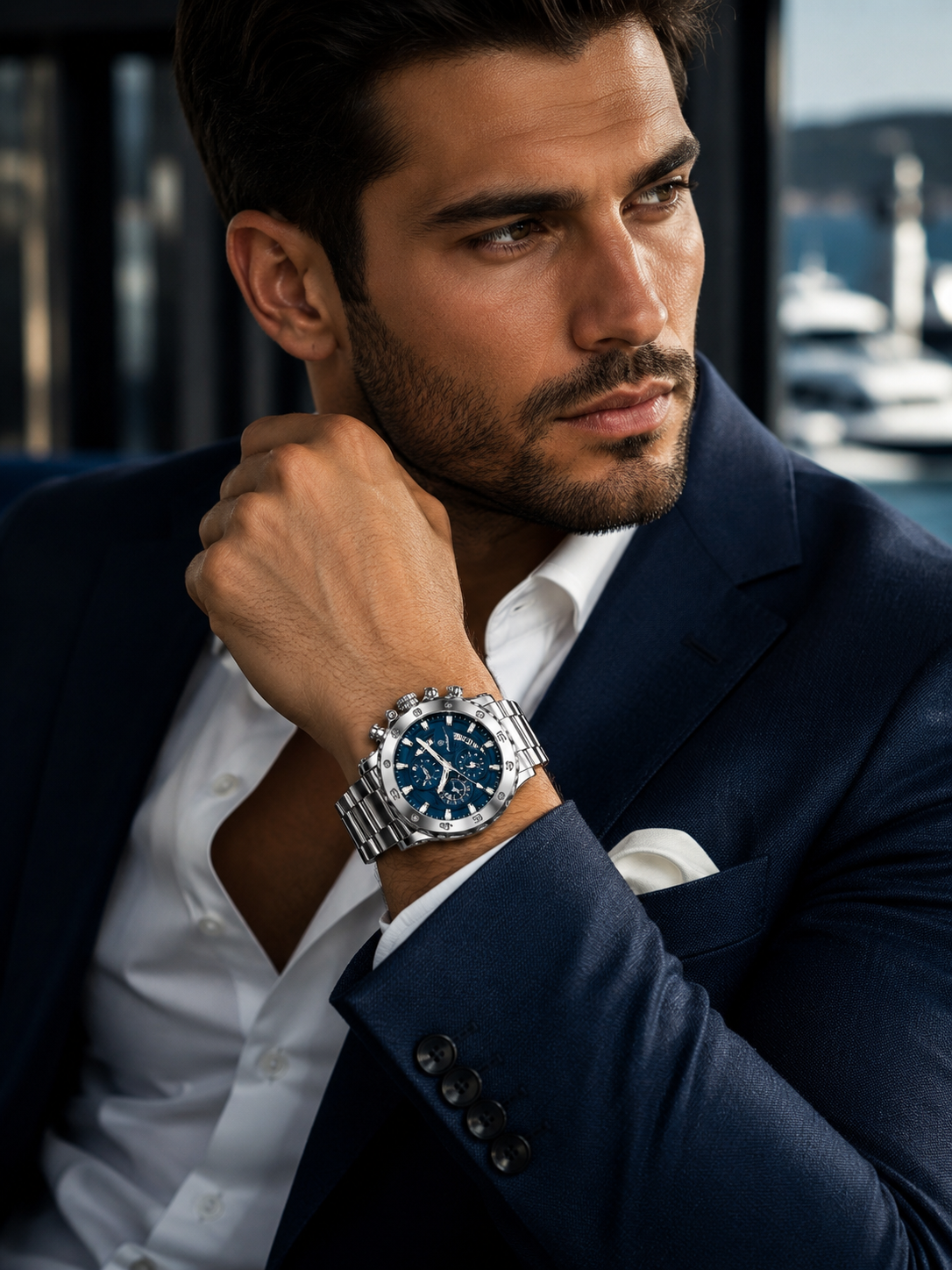 Men’s Silver-Tone Watch with Blue Dial
