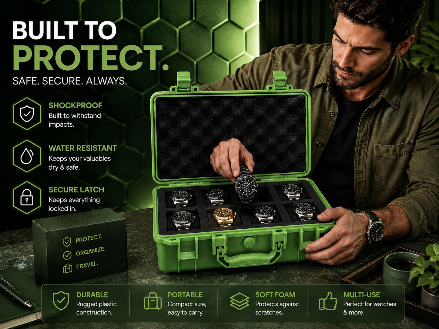 8-Slot Light Green Rugged Protective Watch Storage Case