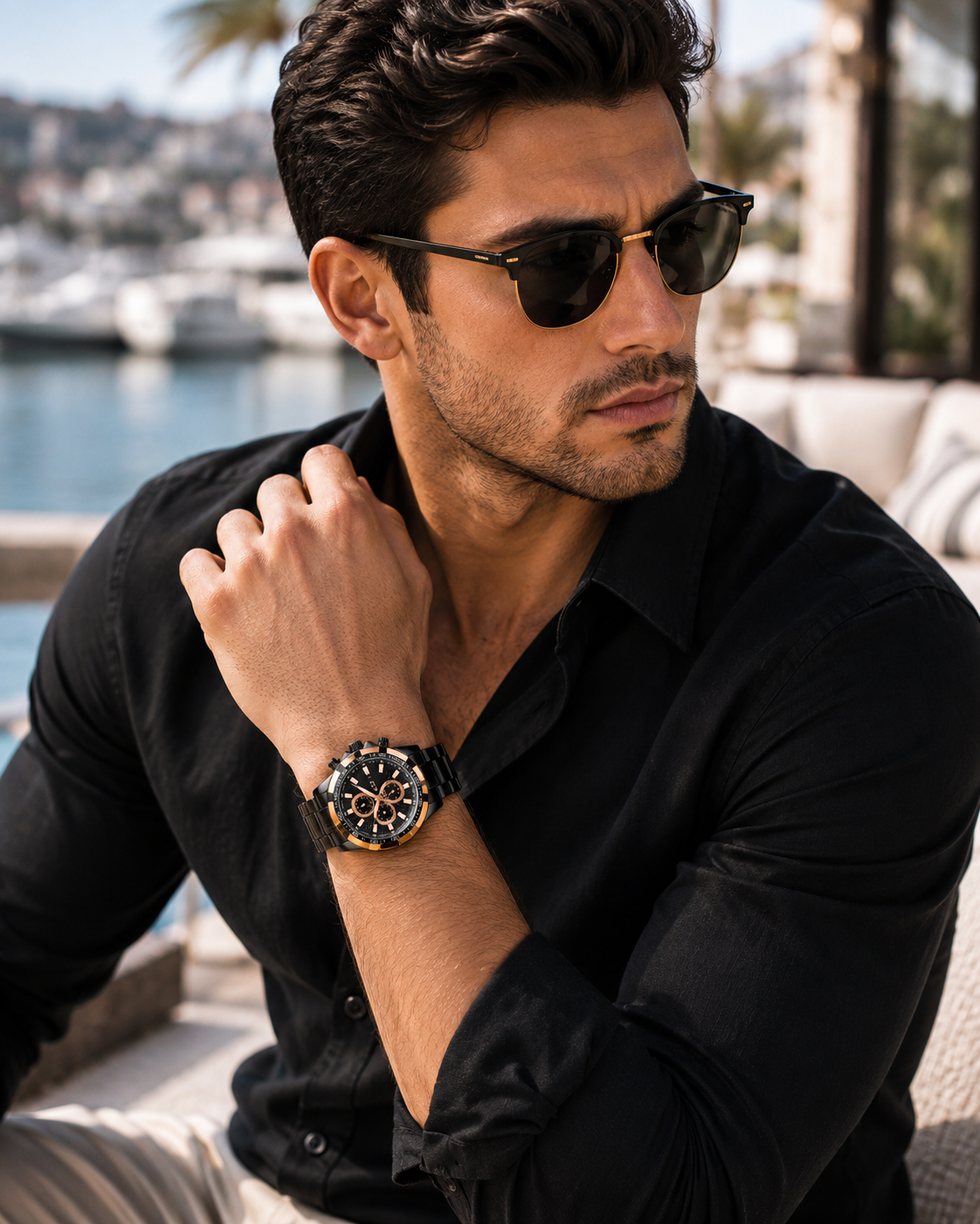 Men’s Black & Rose Gold Sport Chronograph-Style Watch