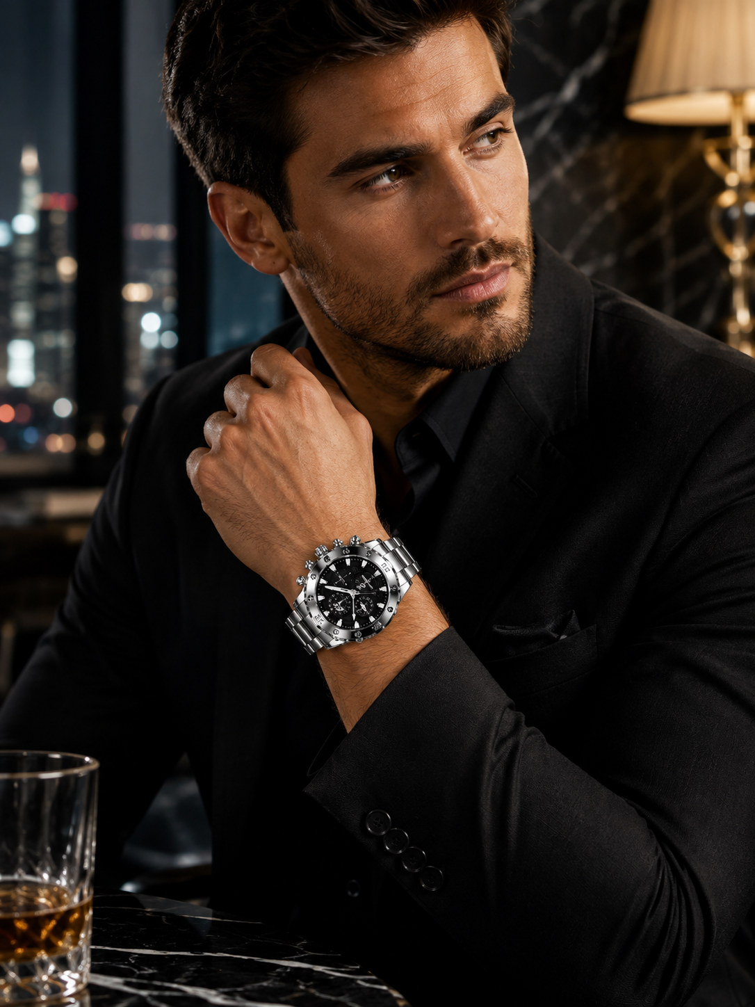 Men’s Silver-Tone Watch with Black Dial