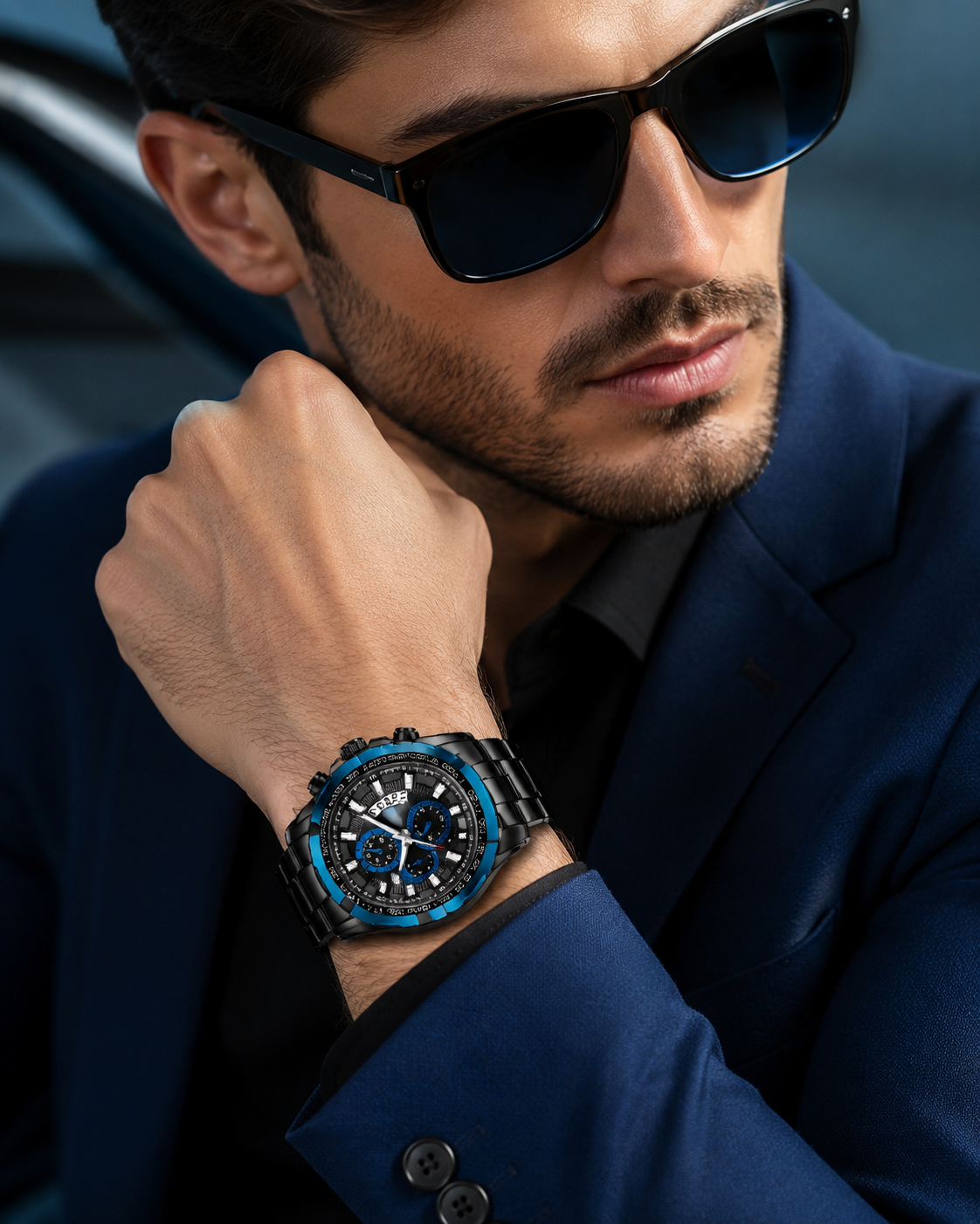 Men’s Black & Blue Sport Chronograph-Style Watch