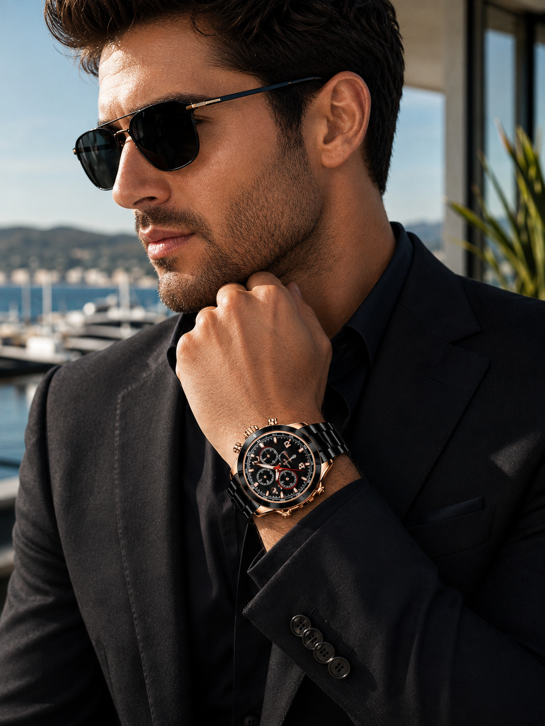 Men’s Black & Rose Gold Chronograph-Style Watch