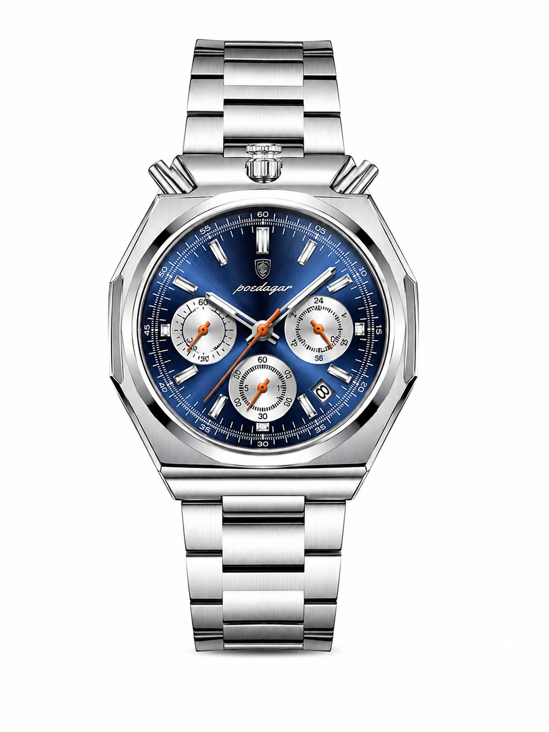 Men’s Octagonal Facet Silver-Tone Watch with Radiant Blue Dial