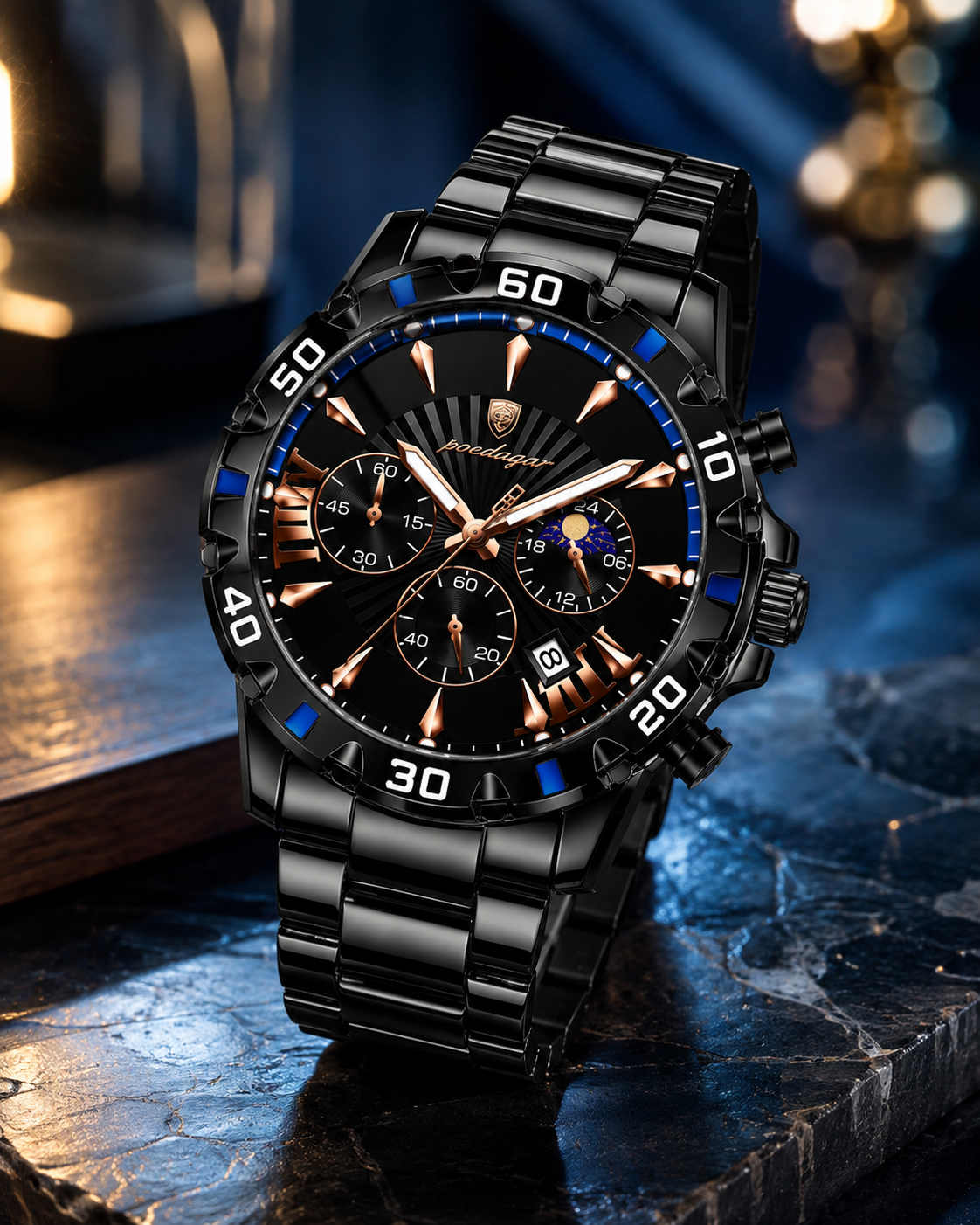 Men’s Chronograph Black & Rose Gold-Tone Quartz Watch – Blue Accent Bezel