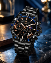 Men’s Chronograph Black & Rose Gold-Tone Quartz Watch – Blue Accent Bezel