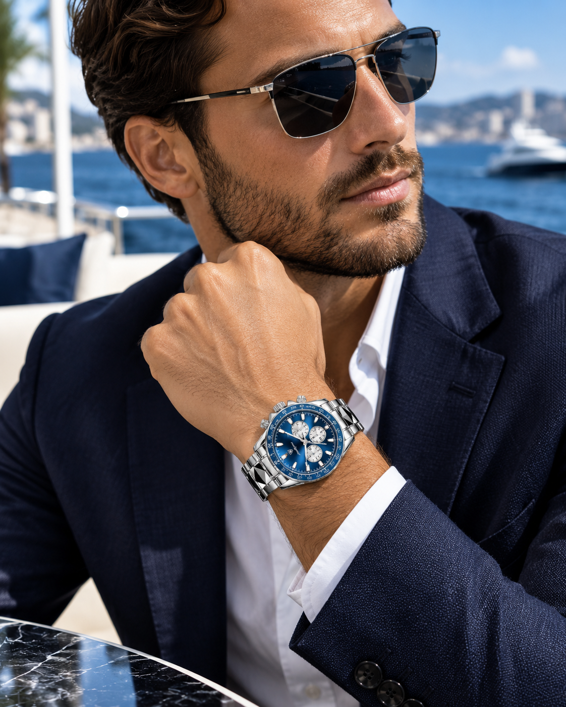 Men’s Silver-Tone Watch with Blue Dial
