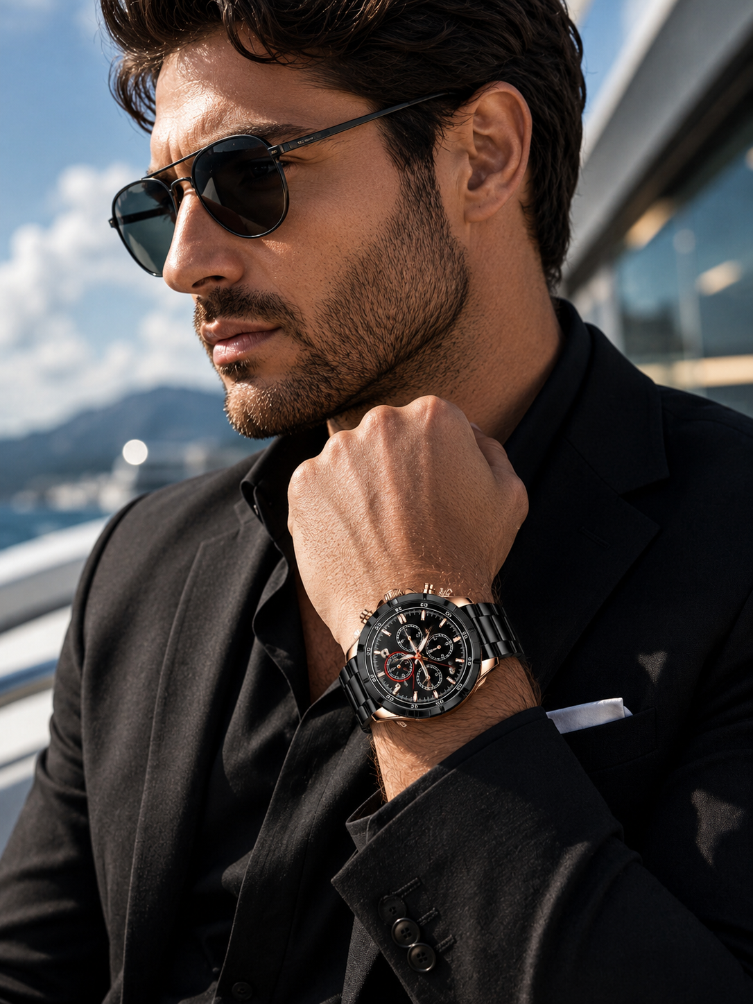 Men’s Black & Rose Gold Chronograph-Style Watch