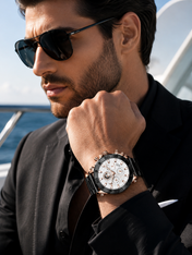 Men’s Black & Rose Gold Luxury Chronograph-Style Watch with White Dial
