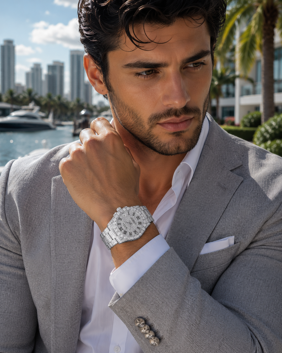 Men’s Silver-Tone iced out Luxury Dress Watch