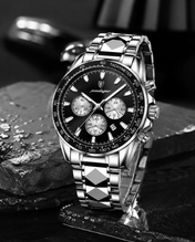 Men’s Silver-Tone Watch with Black Dial