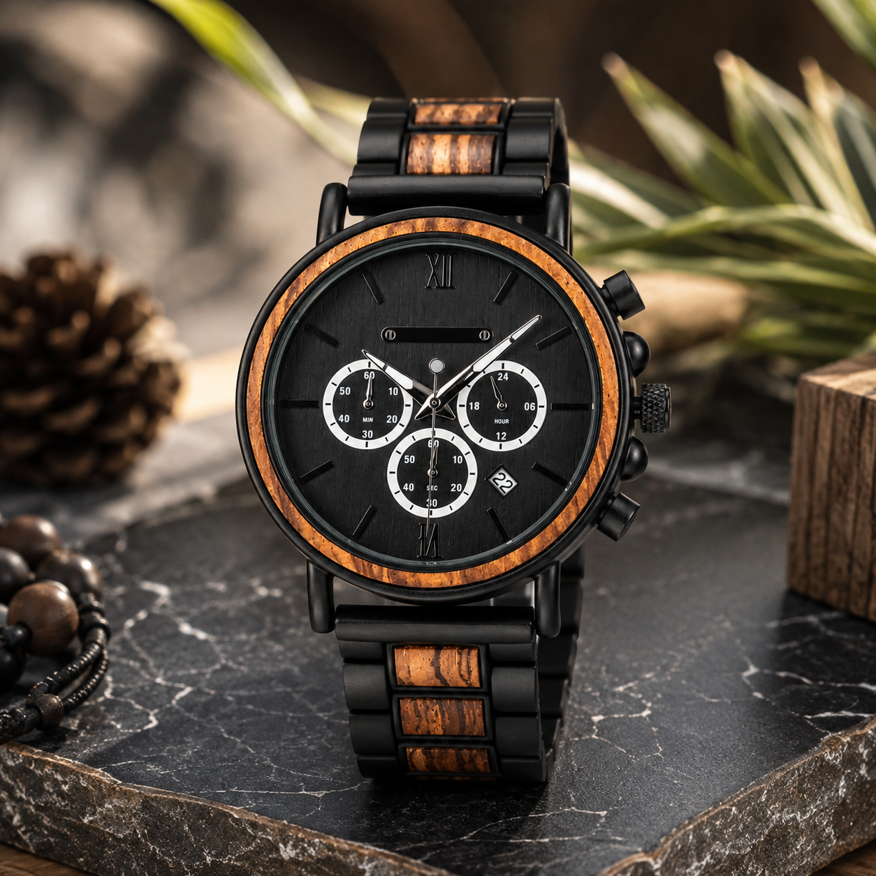 Men’s Black Wood-Inspired Chronograph-Style Watch