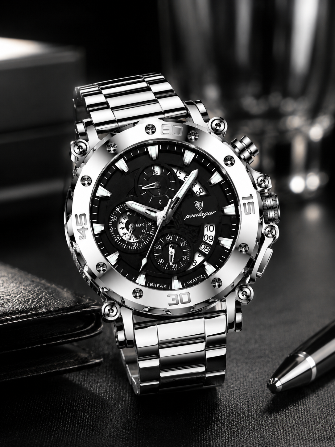 Men’s Silver-Tone Watch with Black Dial