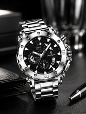 Men’s Silver-Tone Watch with Black Dial