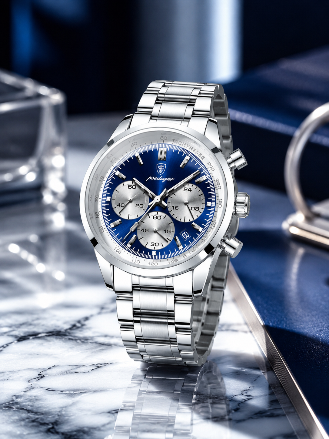 Men’s Silver-Tone Steel Alloy Quartz Watch with Blue Dial