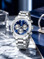 Men’s Silver-Tone Steel Alloy Quartz Watch with Blue Dial