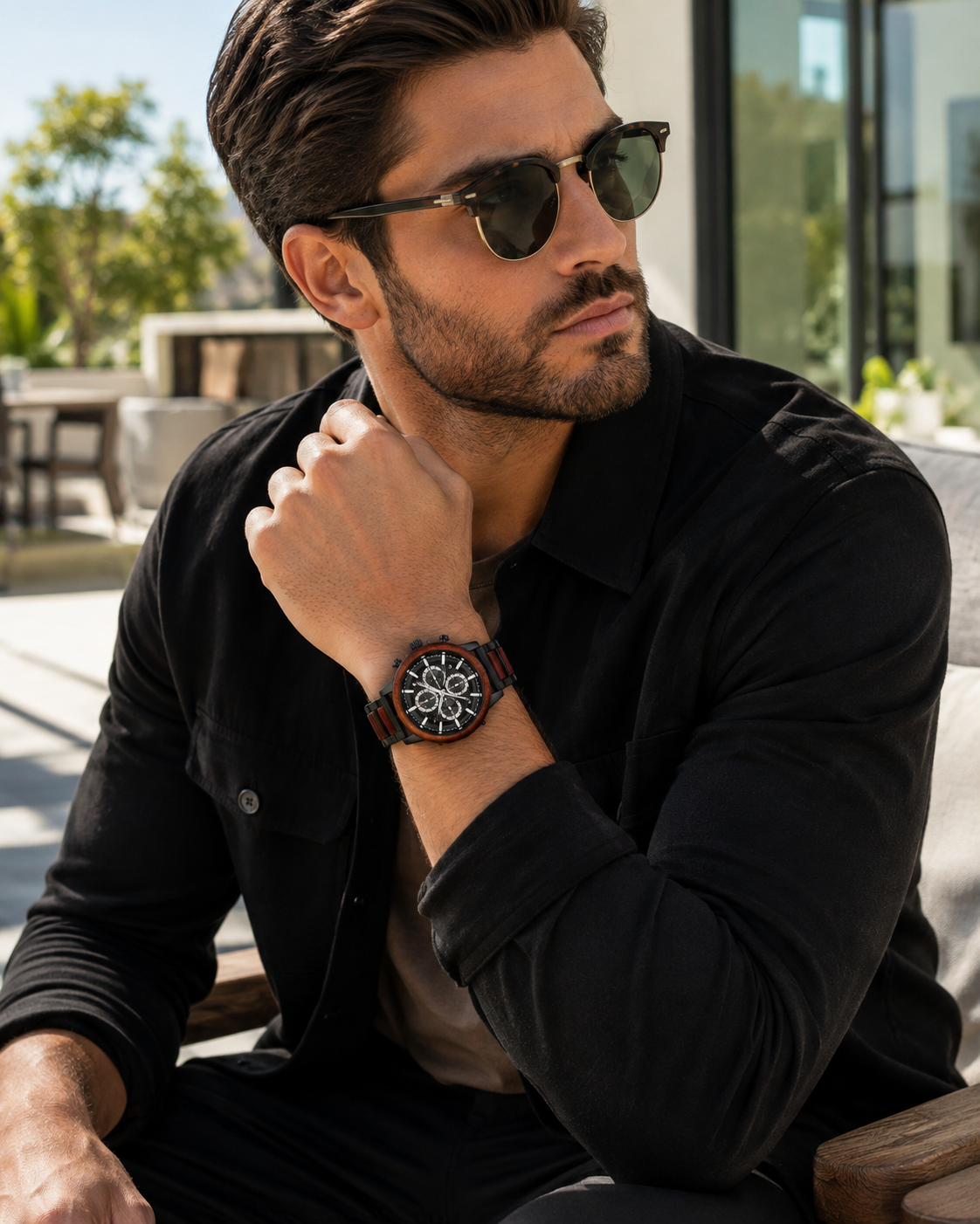 Men’s Black Wood-Inspired Chronograph-Style Watch
