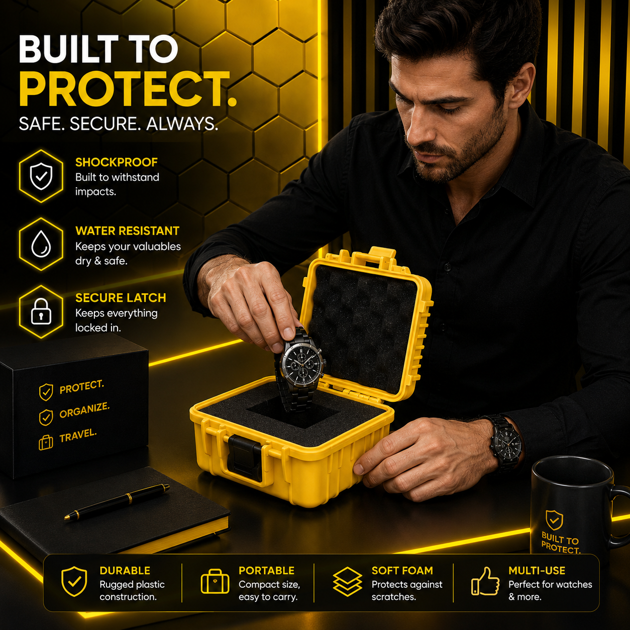 1-Slot Yellow Rugged Watch Storage Case