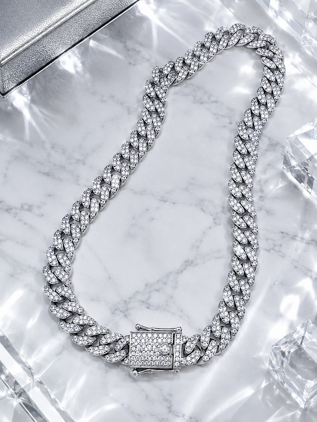 Men’s 12mm Silver-Tone Iced Cuban Link Chain – 23” Length