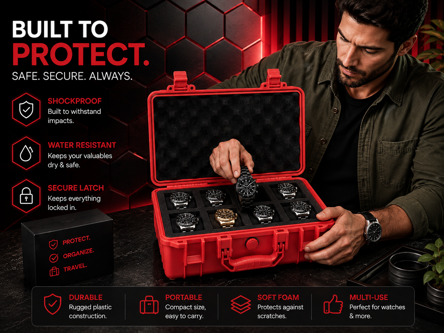 8-Slot Red Rugged Protective Watch Storage Case
