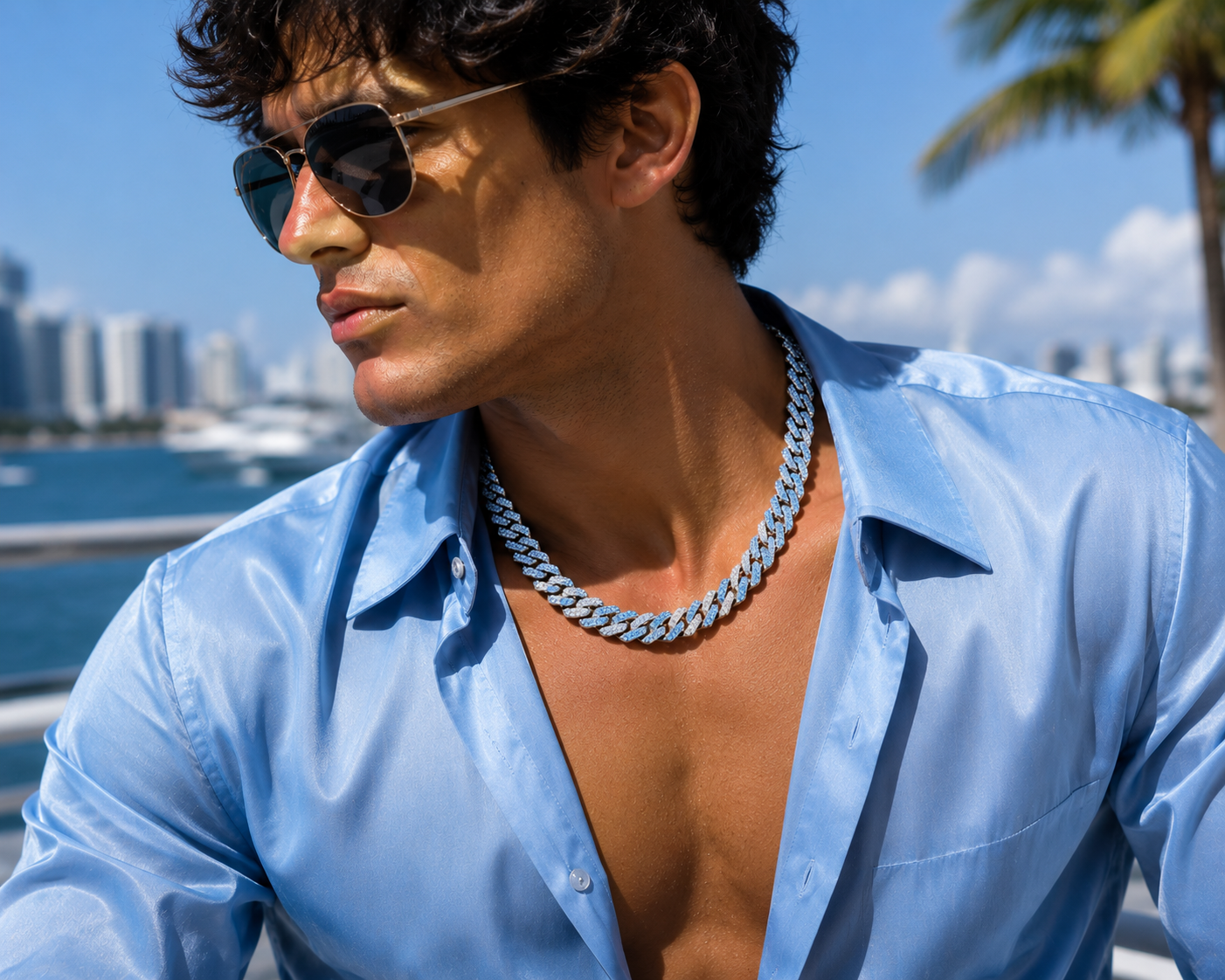Men’s 15MM Blue & White Iced Cuban Link Chain