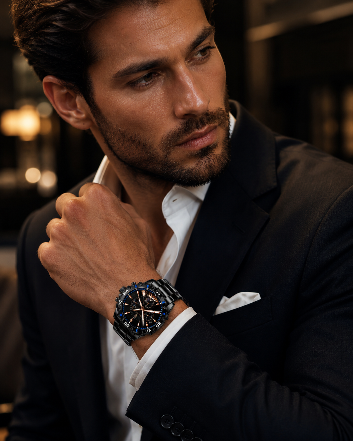 Men’s Chronograph Black & Rose Gold-Tone Quartz Watch – Blue Accent Bezel