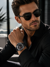Men’s Black & Silver Chronograph-Style Watch