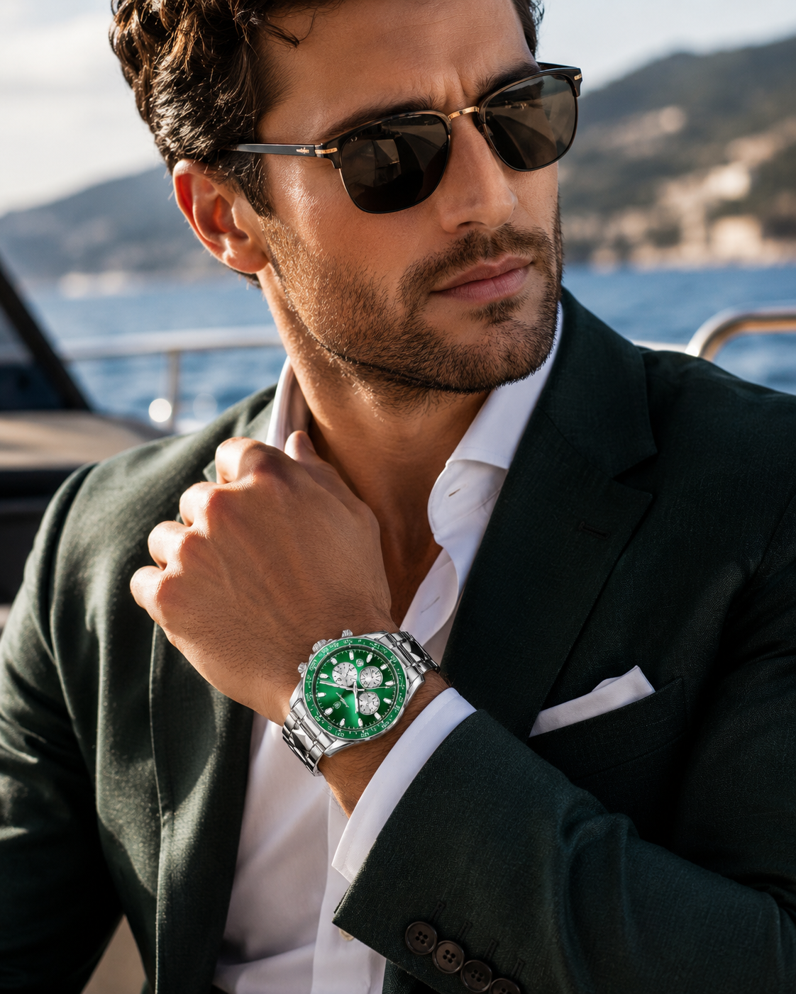 Men’s Silver-Tone Watch with Green Dial