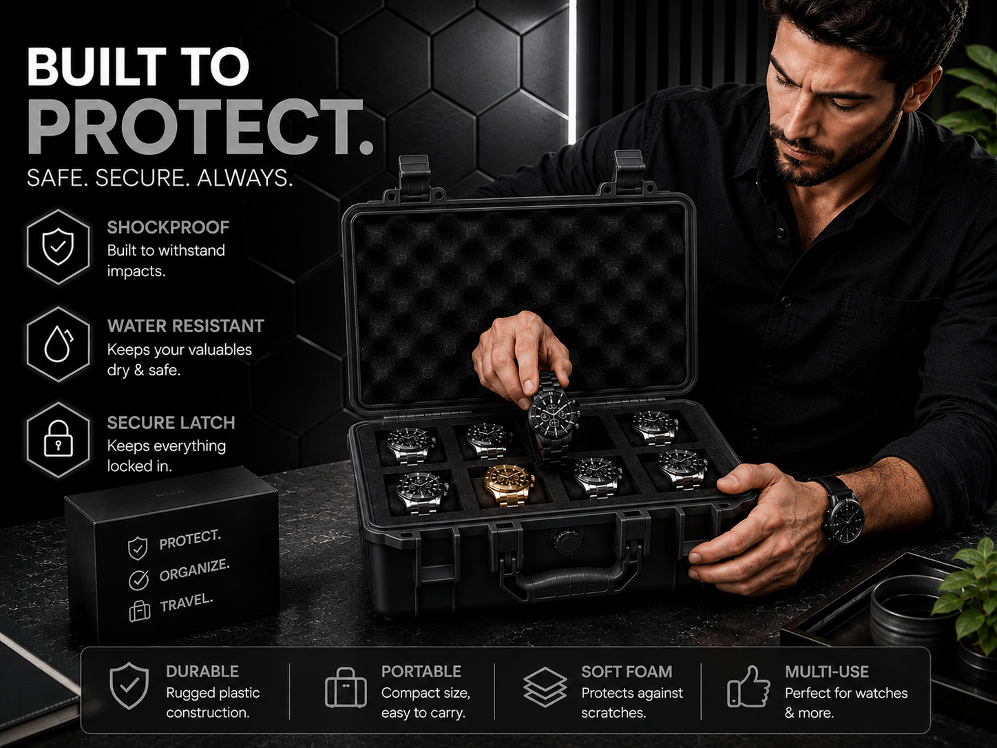 8-Slot Rugged Protective Watch Storage Case