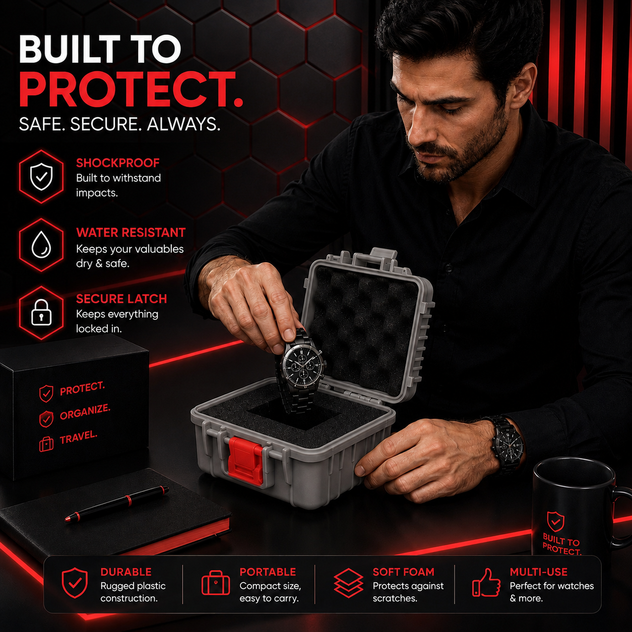 1-Slot Gray & Red Rugged Watch Storage Case