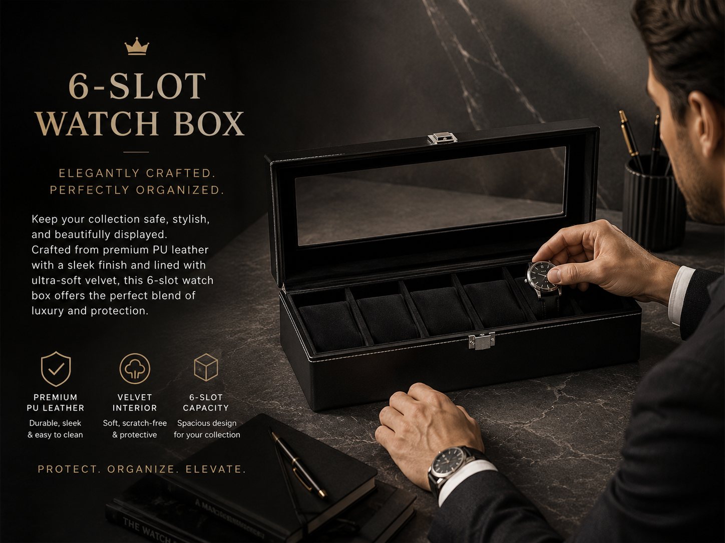 6-Slot Luxury PU Leather Watch Display Box
