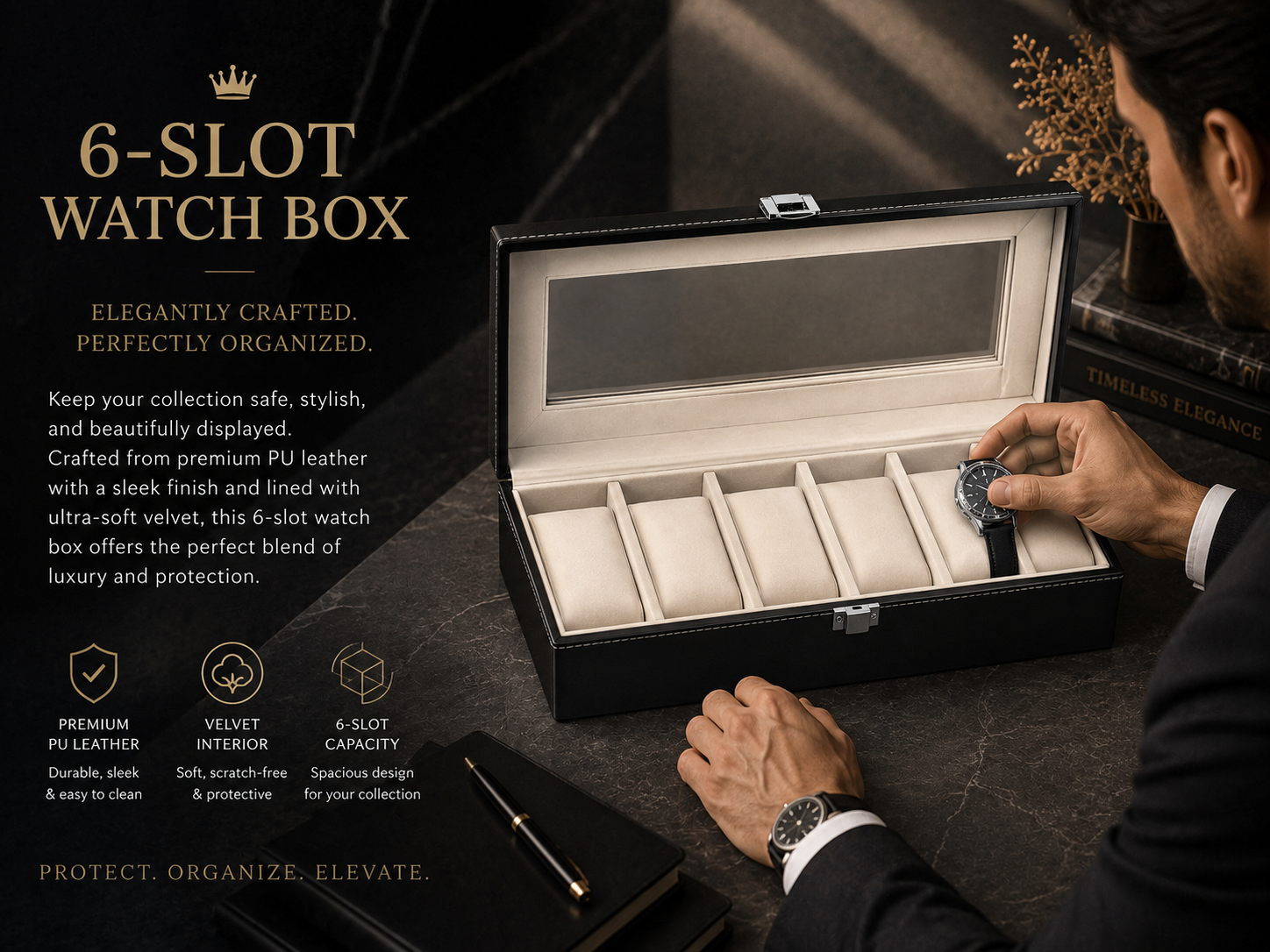 6-Slot Luxury PU Leather Watch Display Box