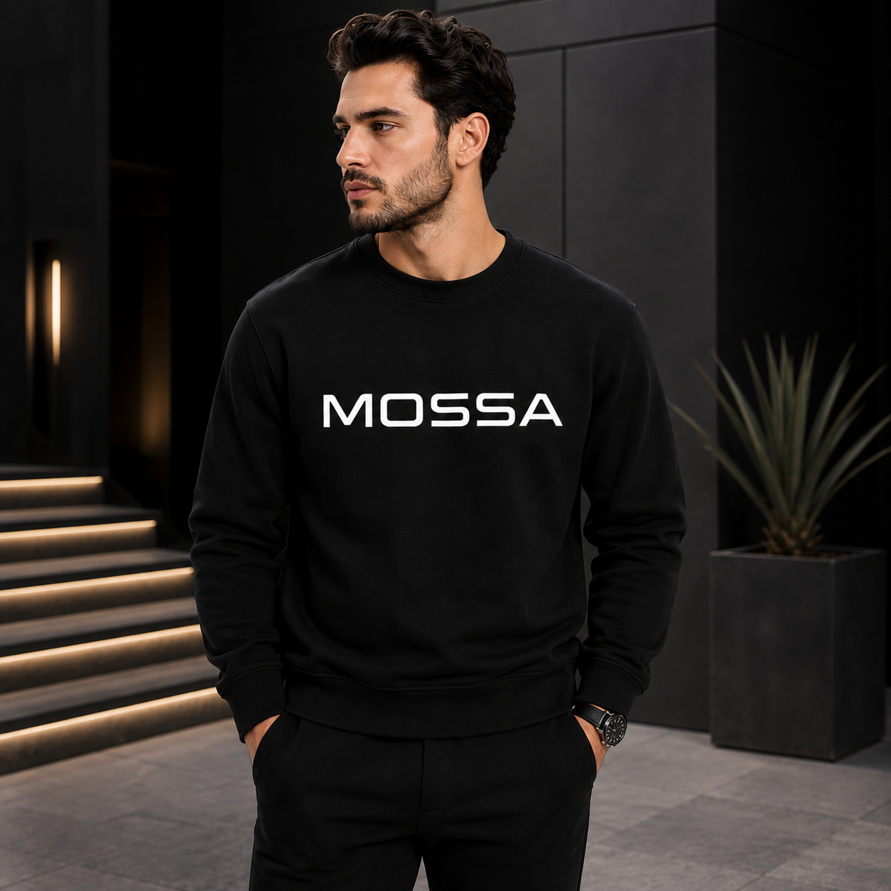 Men’s MOSSA Black Crewneck Sweatshirt with White Logo