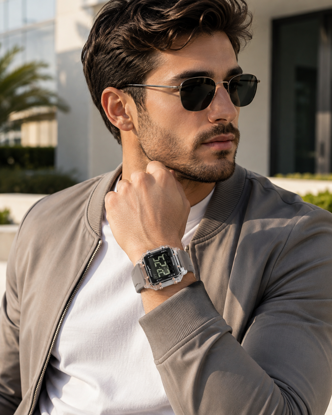 Men’s Silver-Tone Digital Sport Watch with Gray Strap