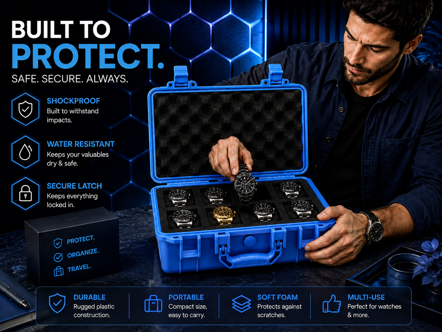 8-Slot Blue Rugged Protective Watch Storage Case