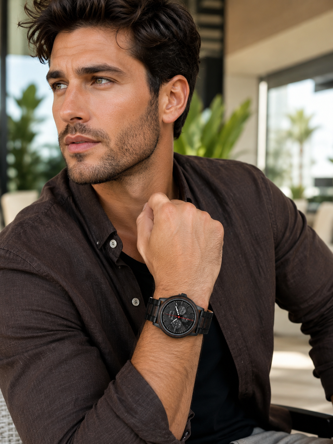Men’s Black Wood-Inspired Chronograph-Style Watch